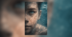 Um retrato subaquático extremamente realista, com foco preciso e detalhes de pele impressionantes.