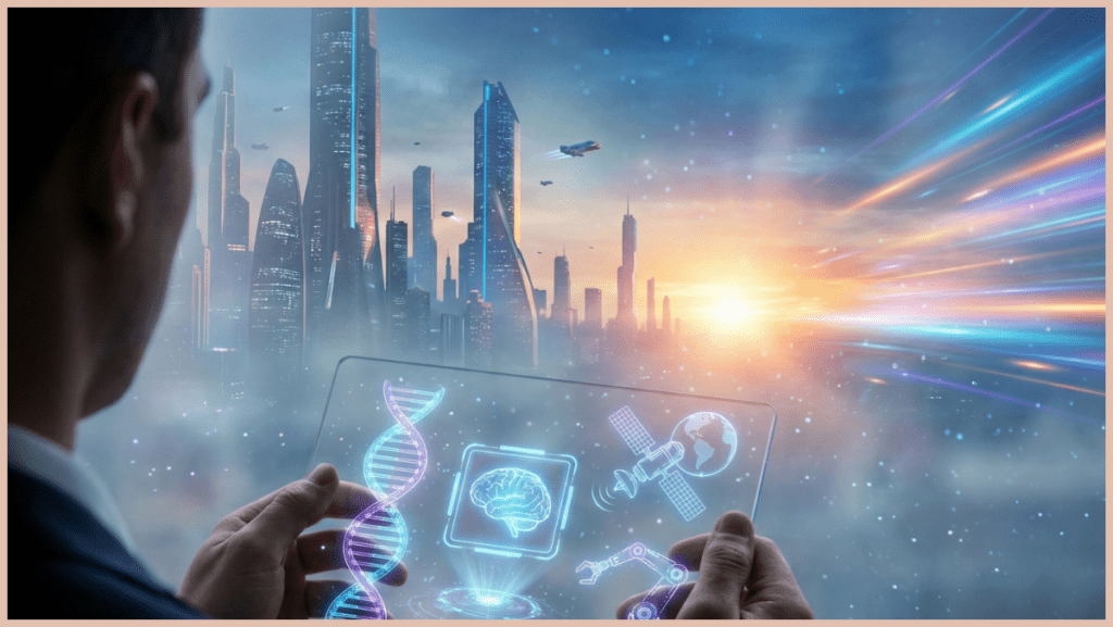 Uma imagem futurista ilustrando o impacto global da inovação tecnológica, com uma pessoa observando hologramas de avanços em IA, biotecnologia e conectividade.