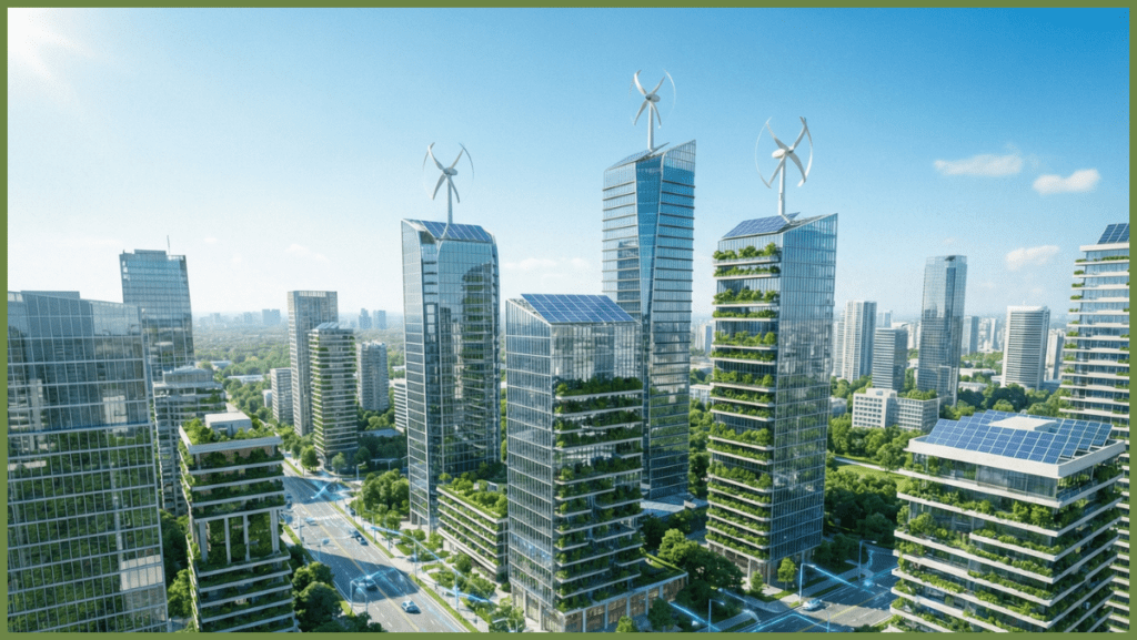 Vista aérea de uma cidade inteligente que utiliza inovação tecnológica para integrar energia renovável e a conectividade da Internet das Coisas (IoT).