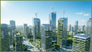 Vista aérea de uma cidade inteligente que utiliza inovação tecnológica para integrar energia renovável e a conectividade da Internet das Coisas (IoT).