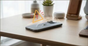 iPhone moderno sobre uma mesa clean com um efeito sutil de calor emanando do aparelho, ilustrando a dúvida sobre quanto tempo o iPhone esquenta depois de atualizar o iOS.