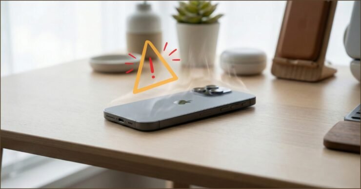 iPhone moderno sobre uma mesa clean com um efeito sutil de calor emanando do aparelho, ilustrando a dúvida sobre quanto tempo o iPhone esquenta depois de atualizar o iOS.