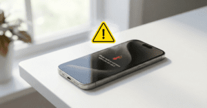 iPhone sobre uma mesa branca exibindo na tela o ícone de termômetro vermelho, indicando alerta de temperatura e superaquecimento do aparelho.