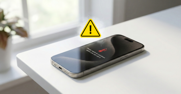 iPhone sobre uma mesa branca exibindo na tela o ícone de termômetro vermelho, indicando alerta de temperatura e superaquecimento do aparelho.