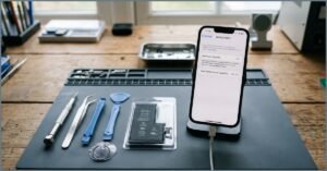iPhone em bancada de manutenção com ferramentas profissionais e bateria nova, exibindo a tela de saúde do sistema para avaliar quanto custa trocar a bateria do iphone.