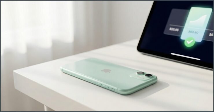 iPhone 11 seminovo em excelente estado sobre mesa branca com tablet ao fundo mostrando comparação de preços e quanto vale o iPhone 11 usado.