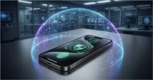 iPhone exibindo ícone de escudo verde e escaneamento biométrico de segurança no iphone em ambiente tecnológico minimalista.