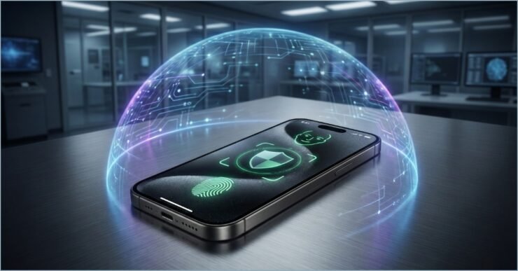 iPhone exibindo ícone de escudo verde e escaneamento biométrico de segurança no iphone em ambiente tecnológico minimalista.