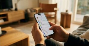 Mãos segurando um iPhone exibindo o menu de configurações do sistema em um ambiente com iluminação suave, ilustrando como reduzir aquecimento do iphone desativando localizacao e atualizacao em segundo plano.