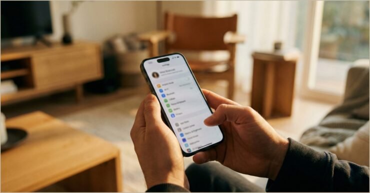 Mãos segurando um iPhone exibindo o menu de configurações do sistema em um ambiente com iluminação suave, ilustrando como reduzir aquecimento do iphone desativando localizacao e atualizacao em segundo plano.