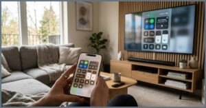 Demonstração de como espelhar iPhone na TV via AirPlay, mostrando a tela do celular replicada em tempo real em uma smart TV em ambiente residencial.