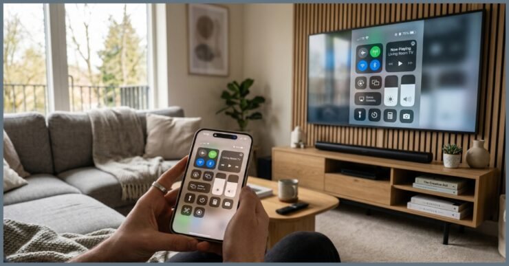 Demonstração de como espelhar iPhone na TV via AirPlay, mostrando a tela do celular replicada em tempo real em uma smart TV em ambiente residencial.