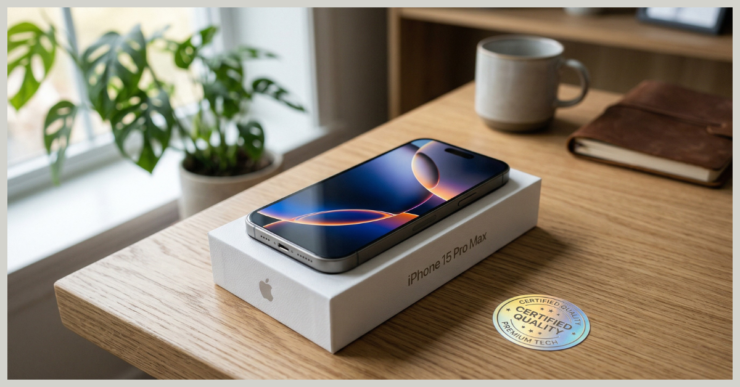 iPhone 15 Pro Max recondicionado impecável descansando sobre sua embalagem branca minimalista com um selo holográfico de 'Qualidade Certificada' ao lado, em uma mesa de escritório moderna.