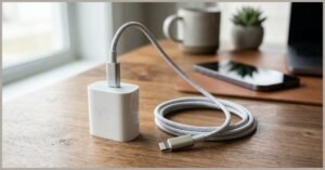 Close-up de um carregador de iPhone de 20W USB-C original ao lado de um cabo certificado MFi sobre mesa de madeira.