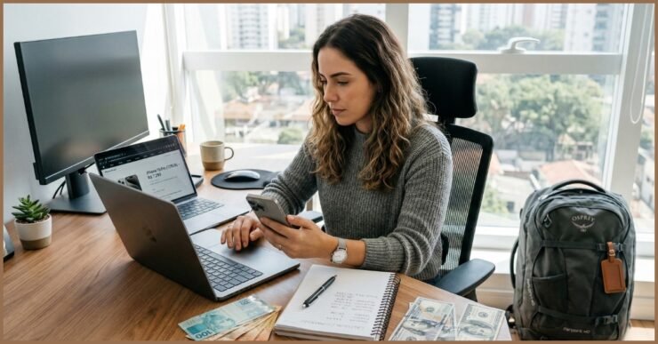 Pessoa comparando preços de iPhone no Paraguai e no Brasil em um notebook com calculadora e notas de dólar sobre a mesa.