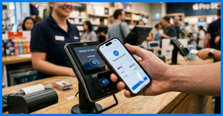 Pagamento por aproximação com iPhone: mão aproxima o celular do terminal de cartão para pagar usando NFC e Apple Pay, com confirmação na tela em alta definição.