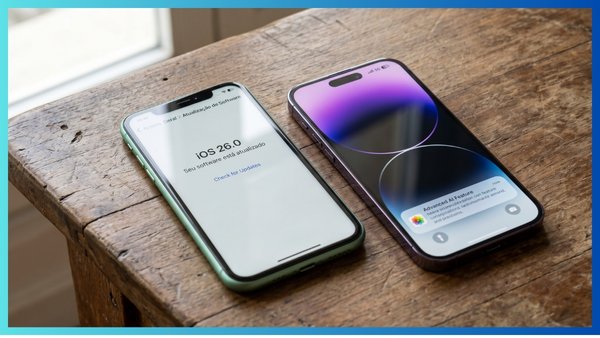 Comparação visual entre um iPhone 11 verde ( Notch) e um iPhone 14 Pro recondicionado (Dynamic Island, 5G) em uma mesa de madeira.
