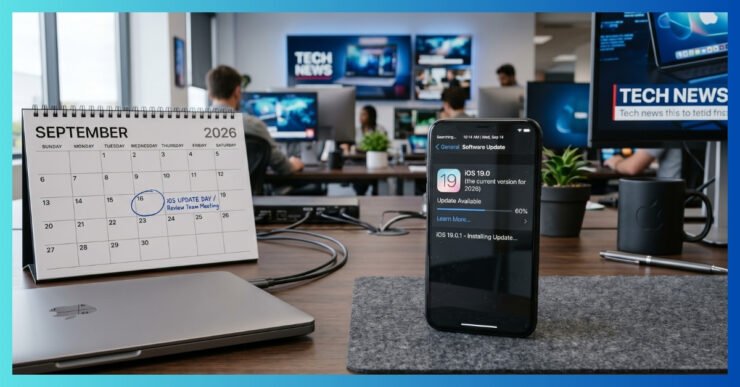 Fotografia fotorrealista de um iPhone 11 em uma mesa de escritório, exibindo a tela de atualização do iOS com a data de "setembro de 2026" visível no calendário ao fundo, ilustrando o fim do suporte ao sistema.