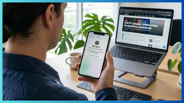 Fotografia sobre o ombro de um usuário segurando um iPhone 11 verde em setembro de 2026, com a tela mostrando que o "iOS 26.0" está atualizado, sem opção para o iOS 27