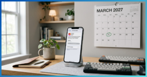 iPhone 12 sobre uma mesa minimalista exibindo a tela de atualização de software do iOS, com um calendário ao fundo marcando o ano de 2027, ilustrando a expectativa de quando o iPhone 12 vai parar de atualizar.
