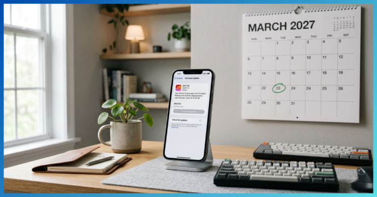 iPhone 12 sobre uma mesa minimalista exibindo a tela de atualização de software do iOS, com um calendário ao fundo marcando o ano de 2027, ilustrando a expectativa de quando o iPhone 12 vai parar de atualizar.