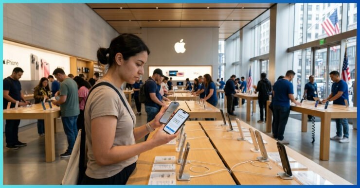 Cliente em Apple Store pesquisando quanto custa um iphone nos estados unidos ao comparar aparelhos com etiquetas de preço.