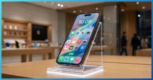 Fotografia fotorrealista de um iPhone 16 Pro Max preto em exposição sobre um stand iluminado dentro de uma loja de tecnologia moderna em 2026.