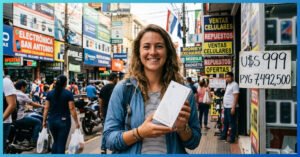 Uma turista segura um iPhone novo em uma rua de lojas no Paraguai, onde placas de preço ajudam a responder quanto custa um iPhone 17 no Paraguai.