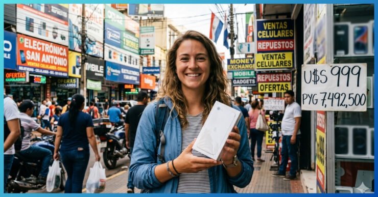 Uma turista segura um iPhone novo em uma rua de lojas no Paraguai, onde placas de preço ajudam a responder quanto custa um iPhone 17 no Paraguai.