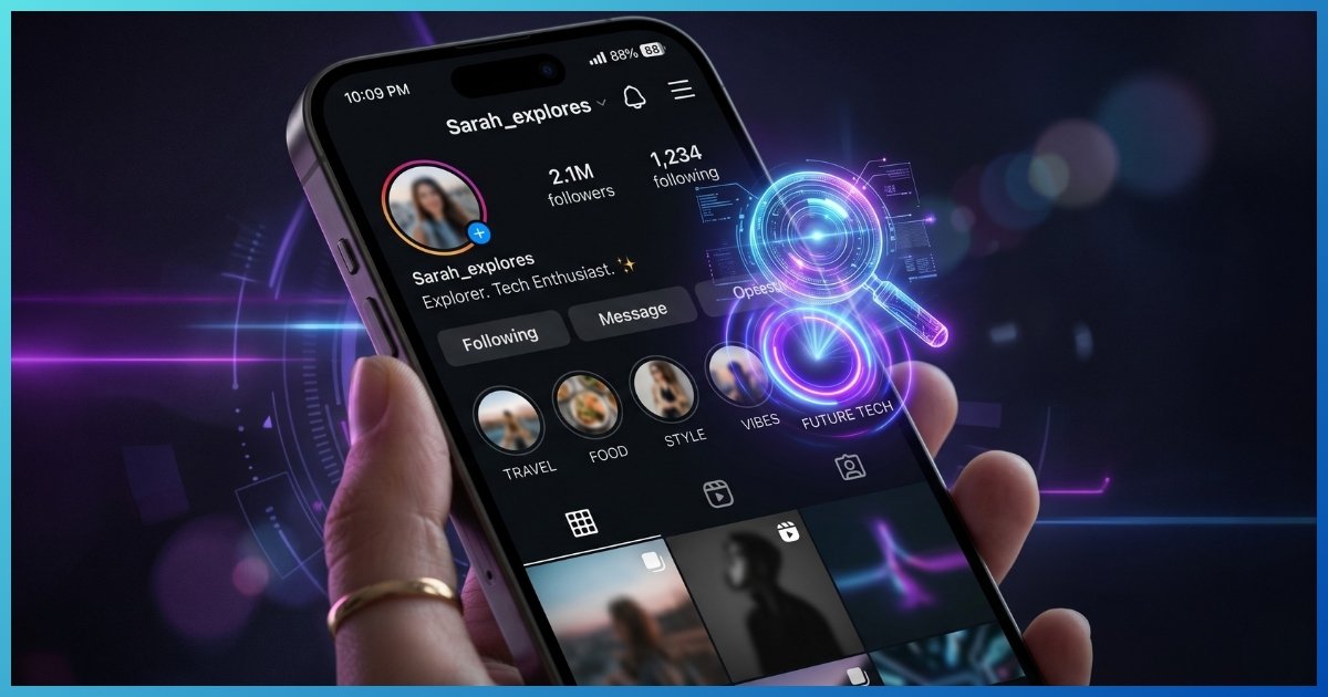 Smartphone mostrando círculos de Destaques do Instagram com ícone de lupa, representando visualização anônima.