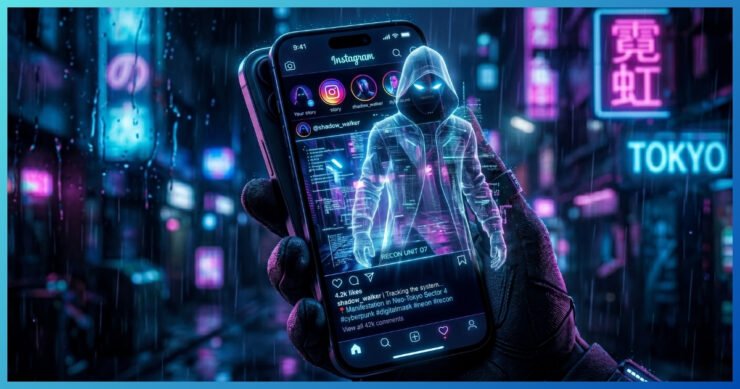 Smartphone com interface de Instagram em ambiente escuro, representando anonimato digital.