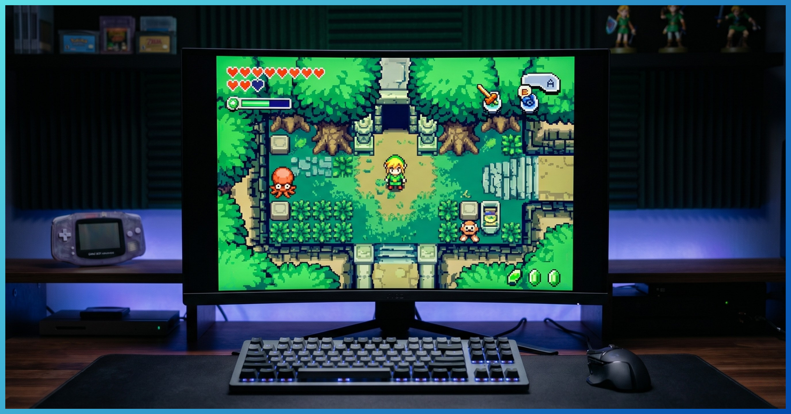Monitor de PC exibindo jogo clássico do Game Boy Advance em emulador, com setup gamer ao fundo