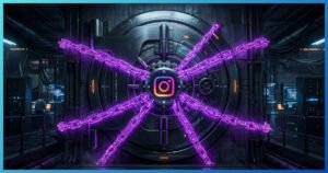 Porta de cofre digital com logo do Instagram, representando a segurança de contas privadas.
