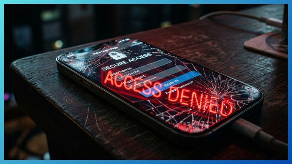 ela de smartphone com aviso de acesso negado, simbolizando golpes de phishing.