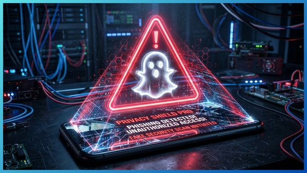 Ícone de um fantasma holográfico preso dentro de um triângulo de alerta vermelho na tela de um celular, simbolizando o perigo de aplicativos falsos e golpes de invisibilidade.