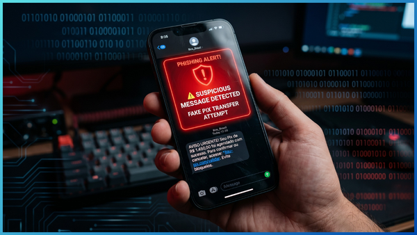 Tela de celular exibindo um alerta vermelho sobre um falso SMS de transferência via Pix.