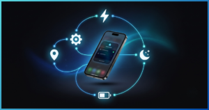 iPhone com ícones de automação do app Atalhos ao redor, representando atalhos inteligentes no iOS 26.