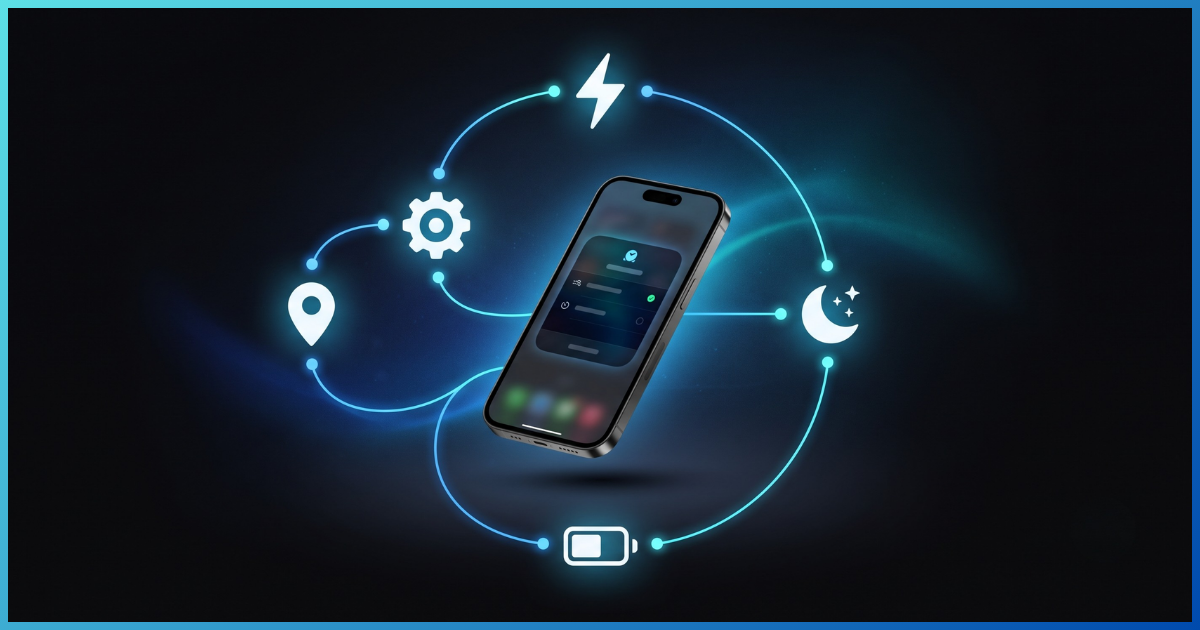 iPhone com ícones de automação do app Atalhos ao redor, representando atalhos inteligentes no iOS 26.