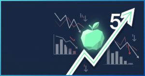Maçã estilizada subindo em gráfico ascendente formando "5T" enquanto ações de tecnologia caem ao fundo, representando a Apple como 2ª empresa de US$ 5 trilhões.