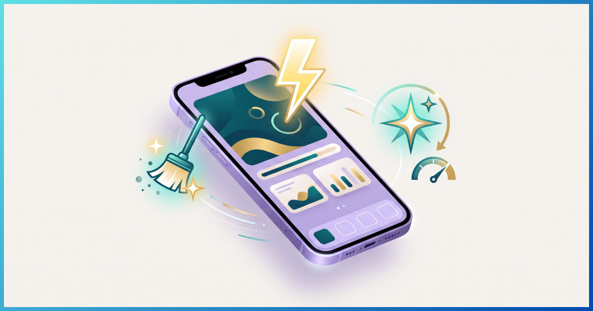 Ilustração de um iPhone com ícones e desempenho de limpeza.