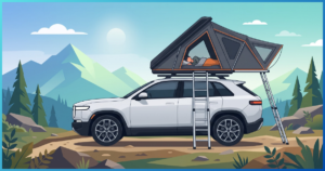 Ilustração do Xiaomi SkyNomad N90 Max, SUV elétrico de autonomia estendida com teto elevável para camping.