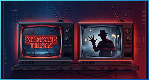 Referência visual conectando o universo de Stranger Things ao ator Robert Englund, conhecido por interpretar Freddy Krueger em A Hora do Pesadelo.
