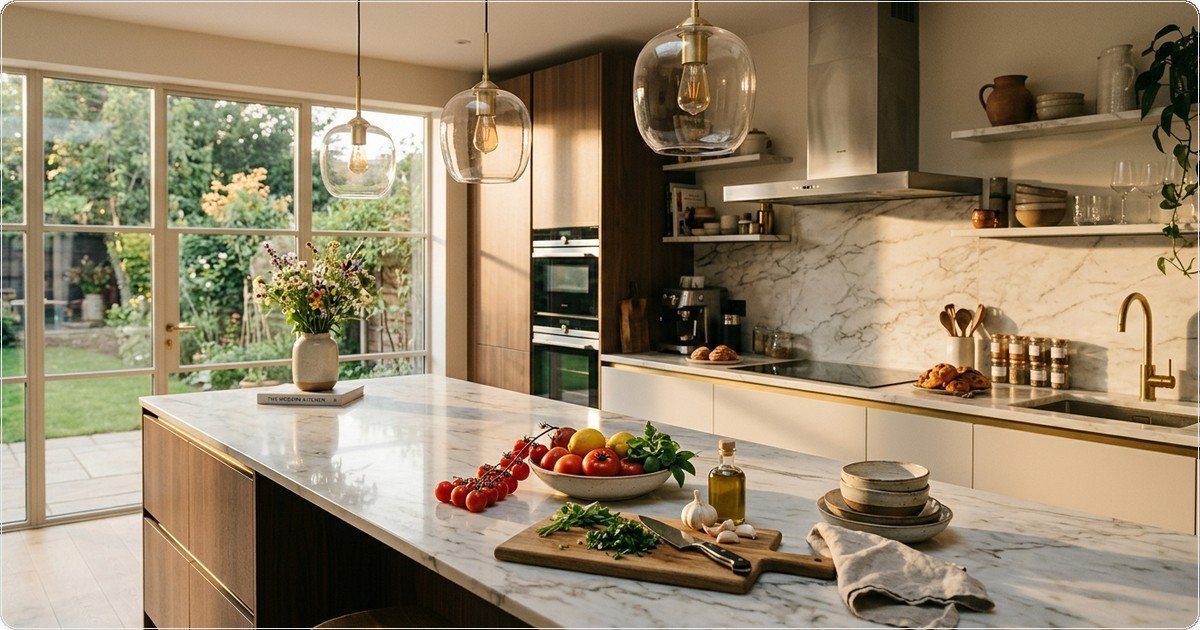 Descubra como criar uma ilustração de cozinha moderna iluminada com técnicas cinematográficas e luz dourada para máximo impacto visual.