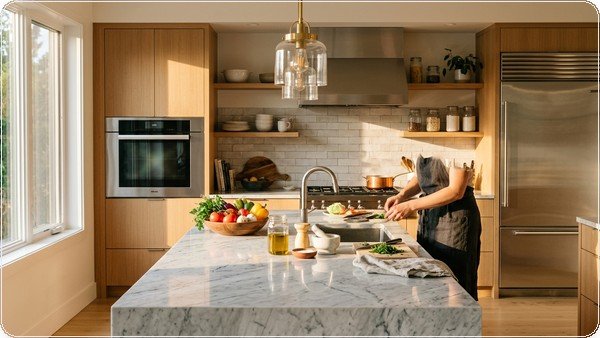Imagem gerada a partir do prompt: cozinha moderna iluminada