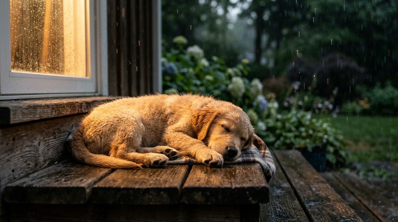 Aprenda a gerar um retrato de cachorro na chuva com luz quente e foco raso, pronto para capas e posts.