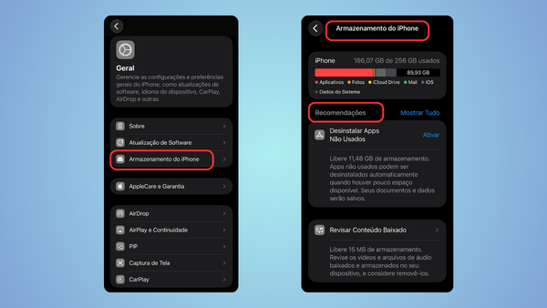 Tela Armazenamento do iPhone com as recomendações do sistema para liberar espaço