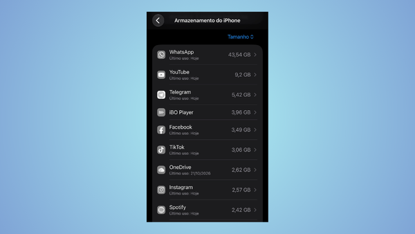 Lista de apps do iPhone ordenada por uso de armazenamento