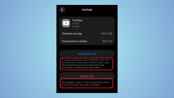 Opções Desinstalar App e Apagar App na tela de armazenamento do iPhone