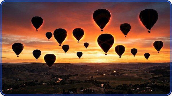 Imagem gerada a partir do prompt: baloes em silhueta ao entardecer