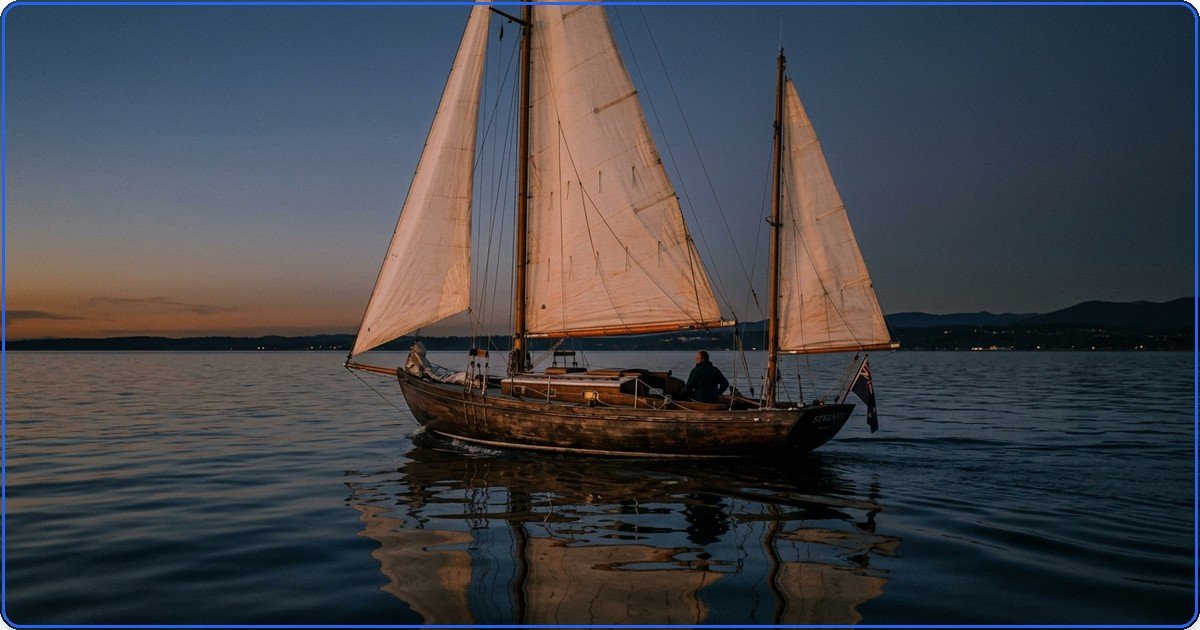 Domine a técnica de prompt para barco a vela na hora azul. Crie imagens realistas com impacto cinematográfico usando estrutura de luz e perspectiva.